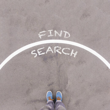 Search and Find, text on asphalt ground, feet and shoes on floor