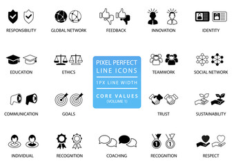 Pixel perfect icon vector set. Corporate core values conceptual collection of symbols for business presentations and website. 