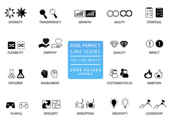 Pixel perfect icon vector set. Corporate core values conceptual collection of symbols for business presentations and website. 