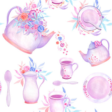 Hand drawn watercolor seamless pattern with teapot, cups, plate, spoon and bouquet . Abstract watercolor flowers,
floral background. Endless Decorative Background design. Perfect for textile.