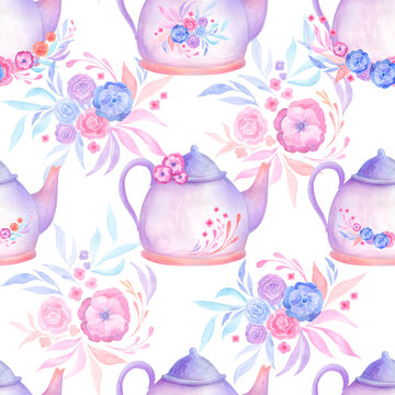 Hand drawn watercolor seamless pattern with teapot, cups, plate, spoon and bouquet . Abstract watercolor flowers,
floral background. Endless Decorative Background design. Perfect for textile.