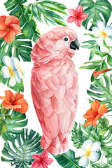 Poster with tropical leaves and pink parrot. Watercolor illustration, floral jungle design. greeting card