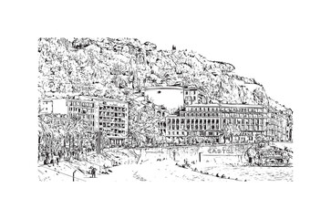 Building view with landmark of Nice is the 
city in France. Hand drawn sketch illustration in vector.