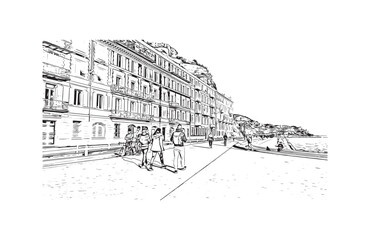 Building view with landmark of Nice is the 
city in France. Hand drawn sketch illustration in vector.
