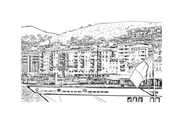 Building view with landmark of Nice is the 
city in France. Hand drawn sketch illustration in vector.