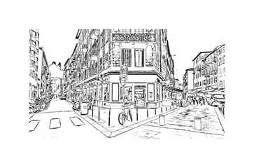 Fototapeta na wymiar Building view with landmark of Nice is the city in France. Hand drawn sketch illustration in vector.