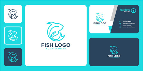 fish logo design with line art and business card
