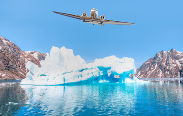 View from airplane of melting polar ice cap and snowy mountains - Greenland - obrazy, fototapety, plakaty