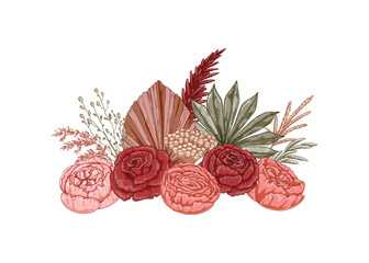 Modern dried flowers composition. Boho bouquet. Hand drawn vector illustration