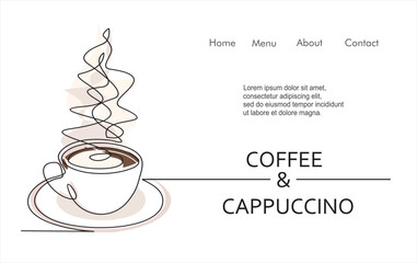Single continuous line drawing of delicious Cup of coffee. Hand draw line art design vector illustration for cafe or shop. 