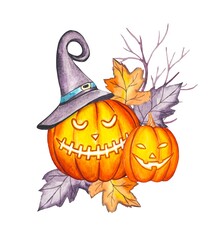 Pumpkin composition. Watercolor Halloween illustration