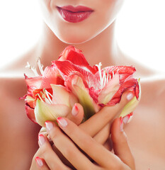 beauty delicate hands with pink Ombre design manicure holding red flower amaryllis close up isolated warm macro © iordani