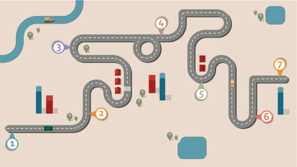 Business workflow roadmap, infographic flat lay style,  in 16:9 wide, HD format on colourful city design background with 7 check points