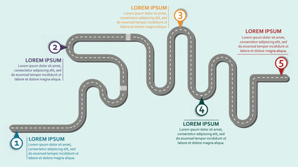 Business workflow roadmap, infographic flat lay style,  in 16:9 wide, HD format on soft blue without text background with 5 check points