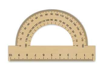 Mockup wooden protractor ruler.  Measuring tool with ruler scale. School measuring equipment. - obrazy, fototapety, plakaty