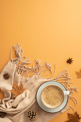 Autumn inspiration concept. Top view vertical photo of cup of frothy cocoa on saucer anise yellow...