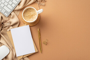 Autumn business concept. Top view photo of envelope paper card gold pen computer mouse keyboard...