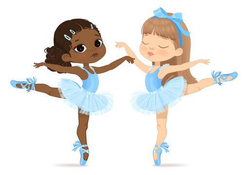 Two Little Ballerina Girls in Blue. Little Caucasian Girl and African-American in Blue Tutu Dress and Pointe Dancing