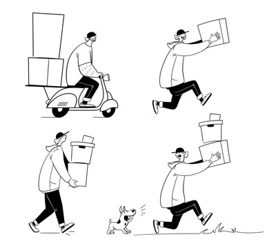 Online delivery, home and office delivery. Set of funny line art illustrations. Delivery man scooter courier. vector
