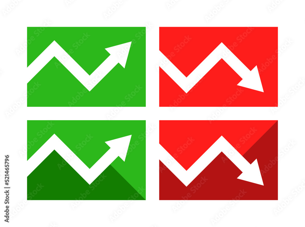 Poster Green up increase and red down decrease arrow icon sign vector isolated on rectangle shape. Cryptocurrency, stock and forex investment trading analysis.	
