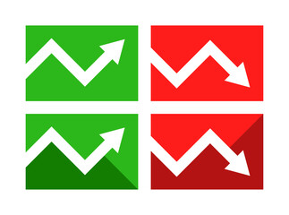 Green up increase and red down decrease arrow icon sign vector isolated on rectangle shape. Cryptocurrency, stock and forex investment trading analysis.	