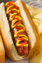 Homemade Hot Dog with Ketchup and Mustard