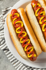 Homemade Hot Dog with Ketchup and Mustard - obrazy, fototapety, plakaty