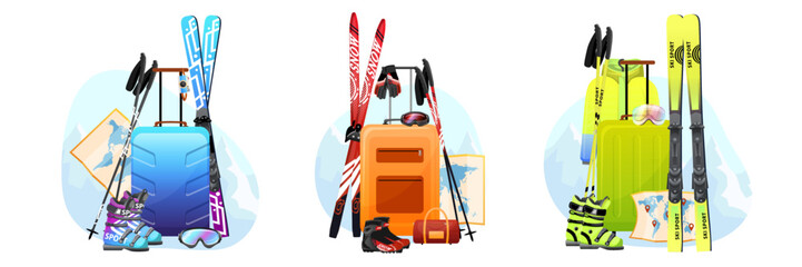 Set of winter sport equipment for ski tourism. Equipment for mountain skiing. Elements for extreme activity skis, boots, glasses, pole, colorful luggage. Sportswear touristic icon. Vector illustration - obrazy, fototapety, plakaty