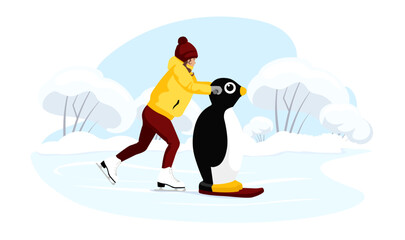 Fototapeta na wymiar kid skating ice with skating helper penguin. Child skates training aid. Winter season sport activity. Young girl in outdoor holiday, weekend on blue ice rink, frozen lake, river. Vector illustration