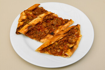 Turkish pita with minced cubed meat and cheese (Turkish name: Kiyma Kusbasi kasarli pide)
