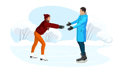Young man and woman skating on ice. Winter snowy season holiday sport activity. Lovely skaters enjoy of skates on blue ice rink, frozen lake, river. Romantic meeting boy and girl. Vector illustration