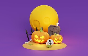Cartoon happy Halloween with jack o pumpkins lantern, full moon and other halloween decoration on purple background. 3D render illustration