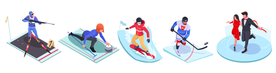 Set of professional sportsmen characters, figure skaters, biathlon cross-country skiing, curling, Snowboarder, Hockey player. Winter sports competition, isolated isometric icons. Vector illustration
