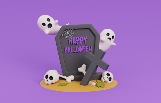 Cartoon happy Halloween with skull, gravestone, ghosts and other halloween decoration on purple background. 3D render illustration