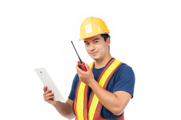 Construction handsome man worker in yellow helmet and reflective vest and using tablet for check work with team staff isolated on white background.