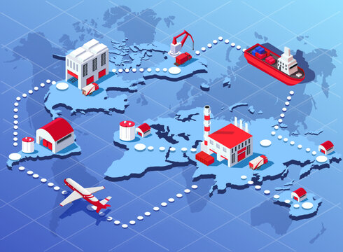 Global logistics network. Concept of international cargo transportation. Air, sea, maritime, road freight transport, freight shipping, warehouse storage, export, import. Isometric vector illustration