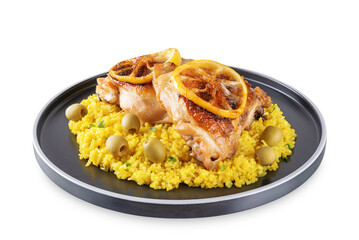Moroccan fried chicken breast with curry rice in a plate on a white isolated background