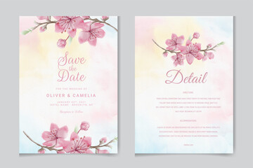 Floral wedding invitation template set with brown sakura flowers and leaves decoration. Botanic card design concept