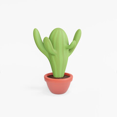Cactus cartoon render. Concept ecology work in home or office. Design working zone for comfort. 3D illustration on the white background. 3D render object of cactus