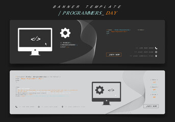 Banner template design with computer monitor and gear in gray background for programmers day design