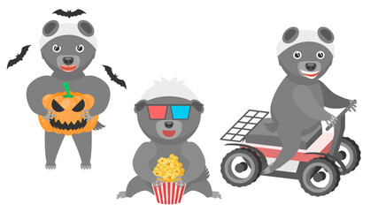 Set Abstract Collection Flat Cartoon Different Animal Honey Badgers Draws With Markers, Watching A Movie With Popcorn, Riding A Quad Bike Vector Design Style Elements Fauna Wildlife