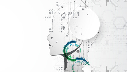 Artificial Intelligence. Technical background with a silhouette of a man. Big data concept. Machine cyber mind.