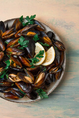 Fresh, Boiled mussels, Black Sea, with parsley and lemon, no people,