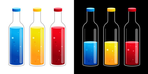 Transparent glass bottles with colored liquid. Yellow red blue
liquid in a glass container with a lid vector illustration