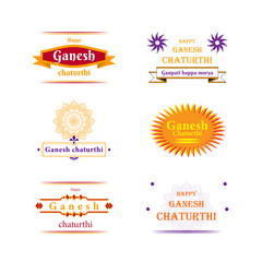 Happy Ganesha Chaturthi indian festival celebration vector illustration of badges, emblem and stickers set.