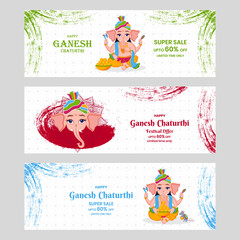 Set of three banner, poster or web header design on the indian festival of Ganesha chaturthi.