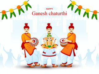 Vector illustration of people welcomes god of prosperity, and happiness, Lord Ganesha. Happy Ganesha Chaturthi.