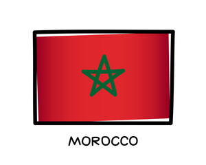 Flag of Morocco. Colorful Moroccan flag logo. Red and green brush strokes, hand drawn. Black outline. Vector illustration