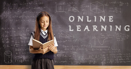 Schoolgirl reading a book in front of a chalkboard with text online learning