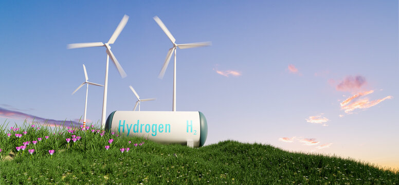 hydrogen power tank and wind turbine, green hydrogen and renwable power concept, 3d illustration rendering